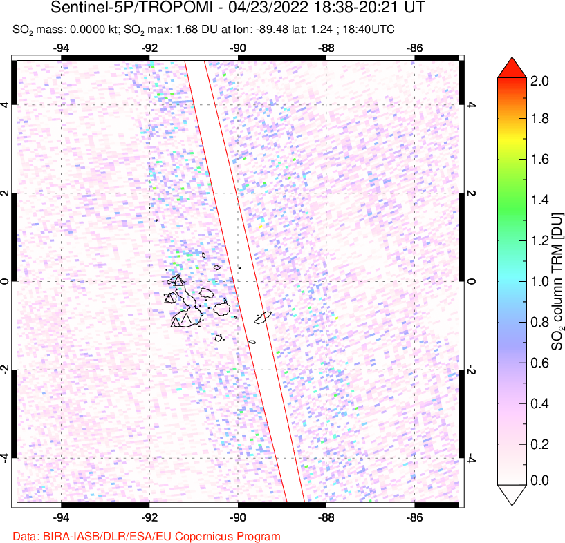 A sulfur dioxide image over Galápagos Islands on Apr 23, 2022.