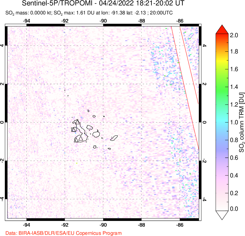 A sulfur dioxide image over Galápagos Islands on Apr 24, 2022.