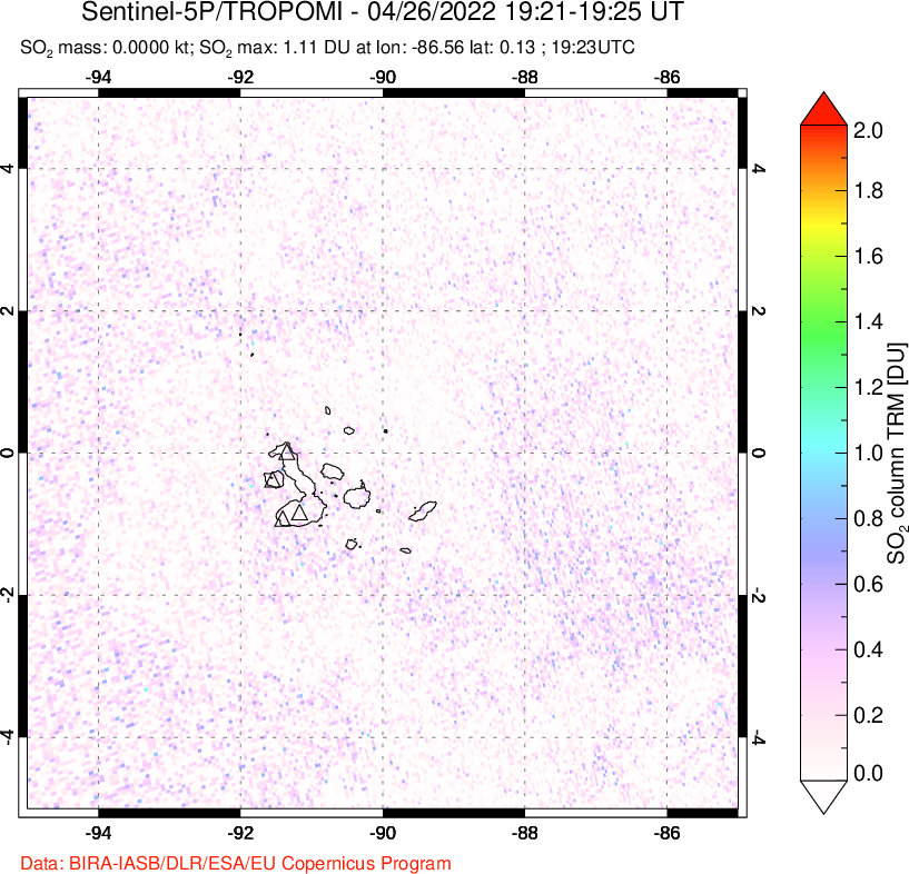 A sulfur dioxide image over Galápagos Islands on Apr 26, 2022.