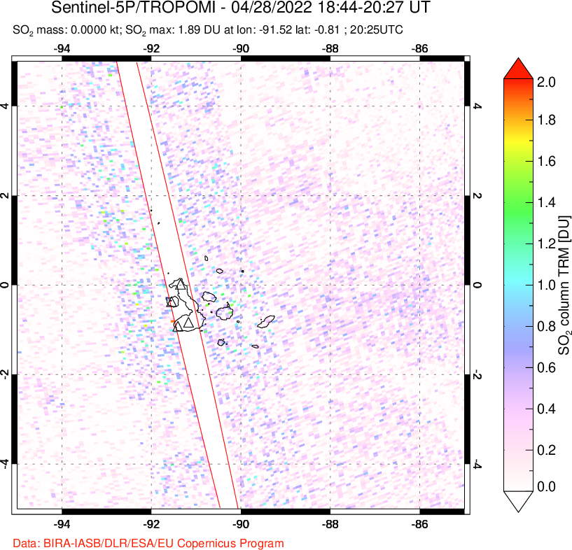 A sulfur dioxide image over Galápagos Islands on Apr 28, 2022.