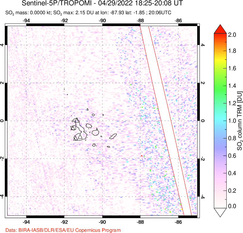 A sulfur dioxide image over Galápagos Islands on Apr 29, 2022.