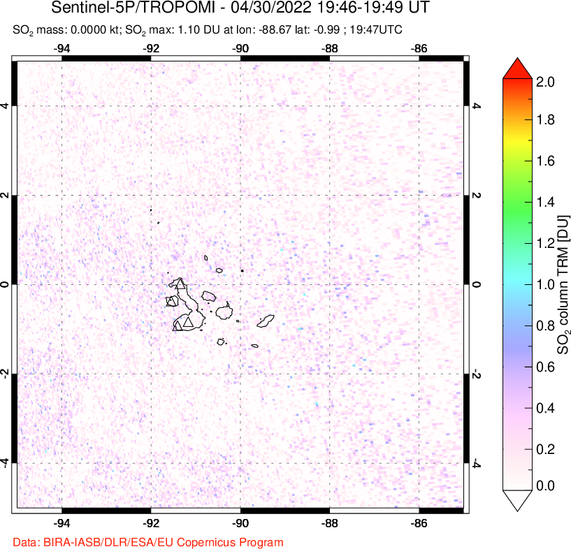 A sulfur dioxide image over Galápagos Islands on Apr 30, 2022.