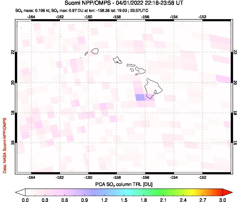 A sulfur dioxide image over Hawaii, USA on Apr 01, 2022.