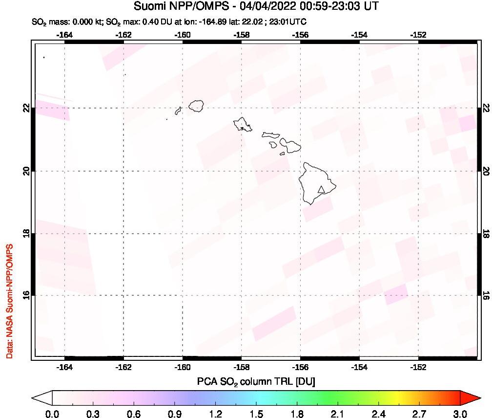 A sulfur dioxide image over Hawaii, USA on Apr 04, 2022.