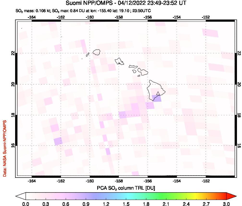 A sulfur dioxide image over Hawaii, USA on Apr 12, 2022.