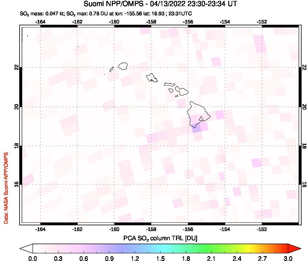 A sulfur dioxide image over Hawaii, USA on Apr 13, 2022.