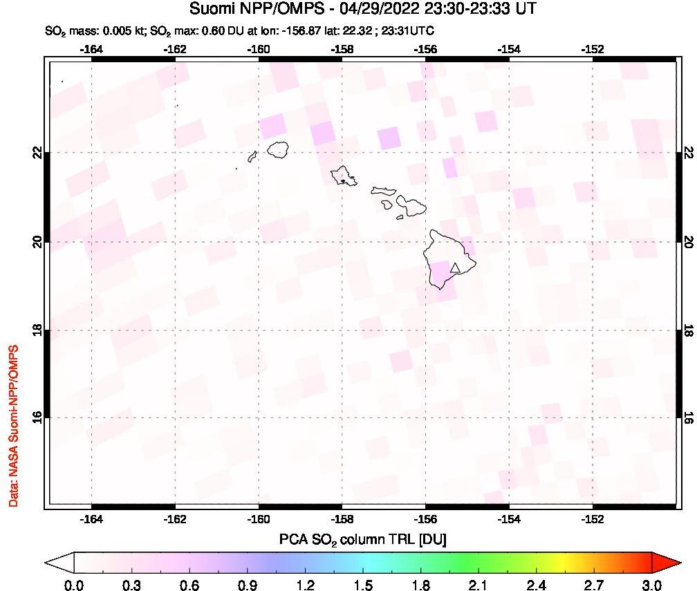 A sulfur dioxide image over Hawaii, USA on Apr 29, 2022.