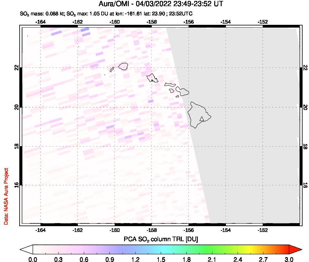 A sulfur dioxide image over Hawaii, USA on Apr 03, 2022.