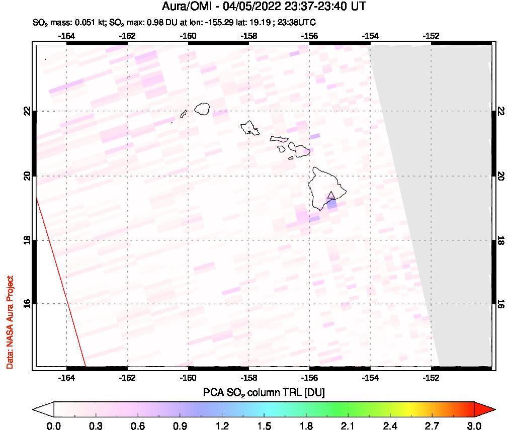 A sulfur dioxide image over Hawaii, USA on Apr 05, 2022.