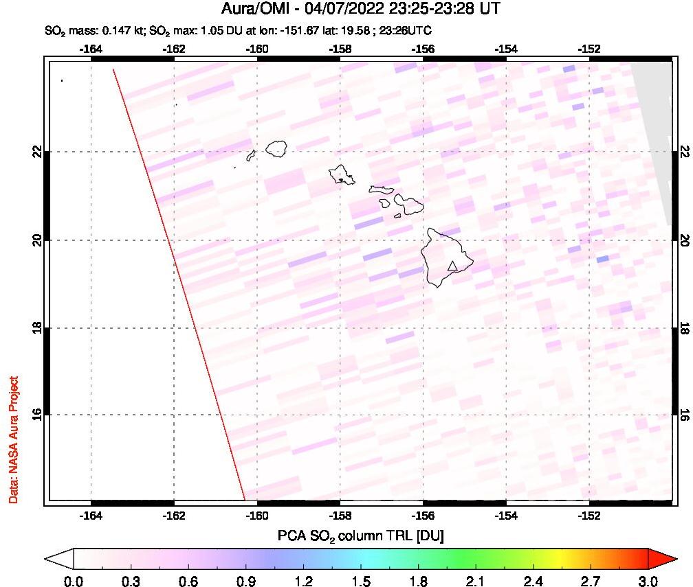 A sulfur dioxide image over Hawaii, USA on Apr 07, 2022.