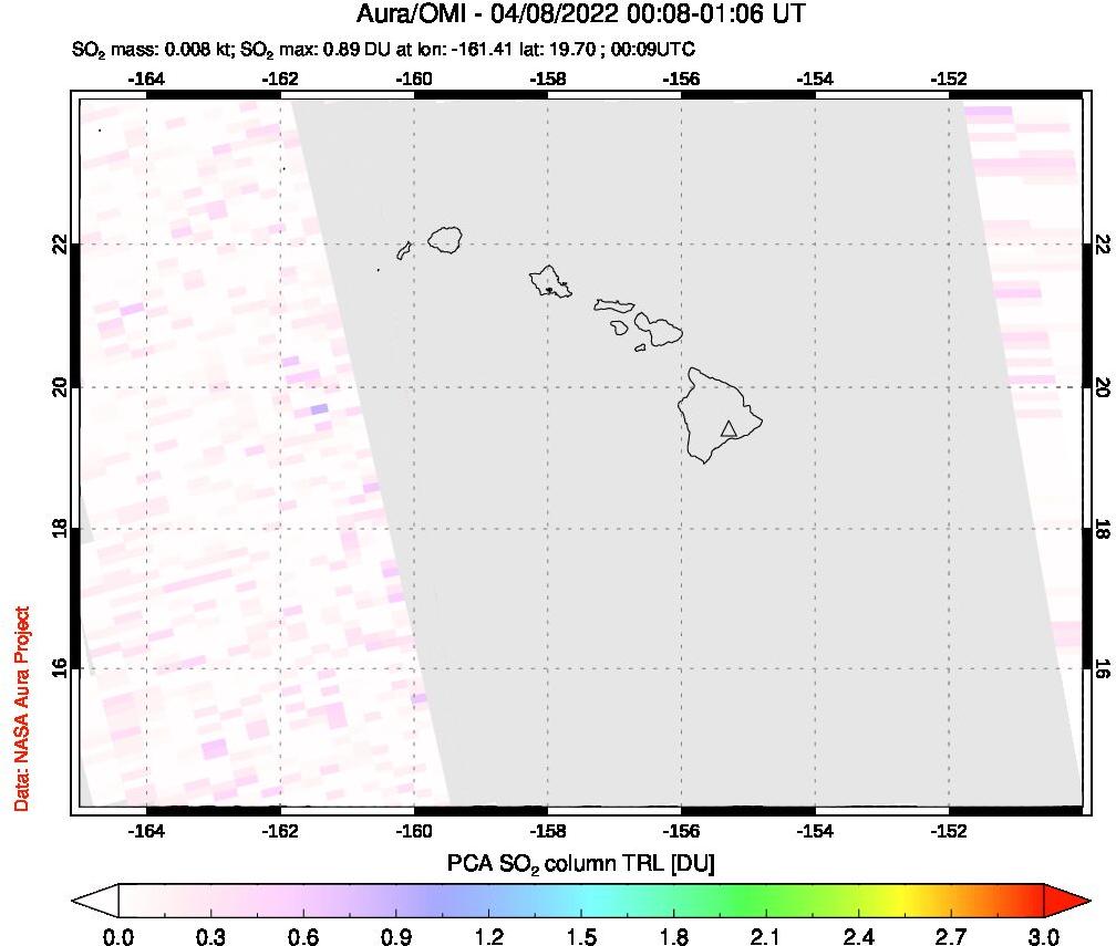 A sulfur dioxide image over Hawaii, USA on Apr 08, 2022.