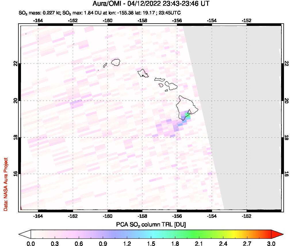 A sulfur dioxide image over Hawaii, USA on Apr 12, 2022.