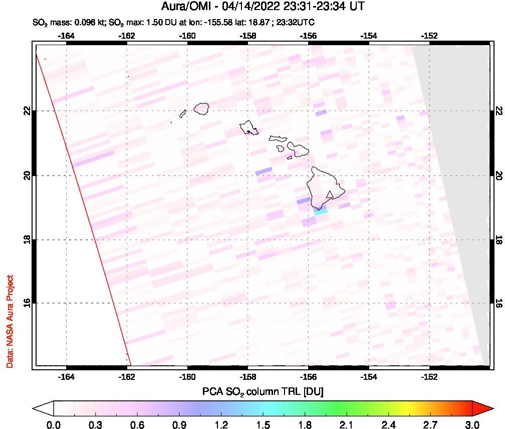 A sulfur dioxide image over Hawaii, USA on Apr 14, 2022.