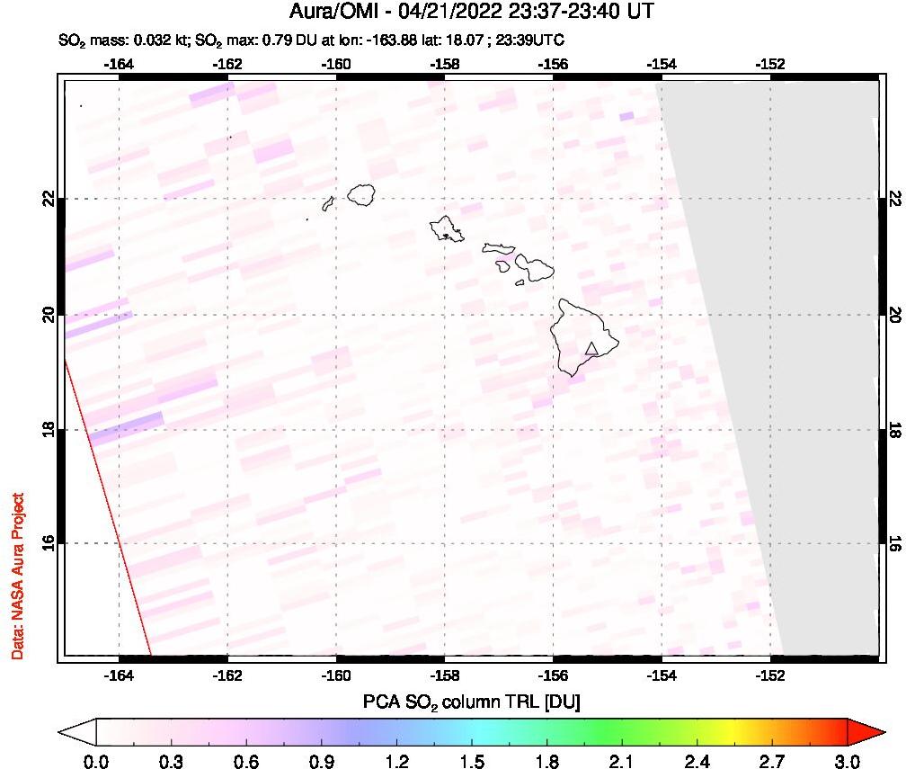A sulfur dioxide image over Hawaii, USA on Apr 21, 2022.