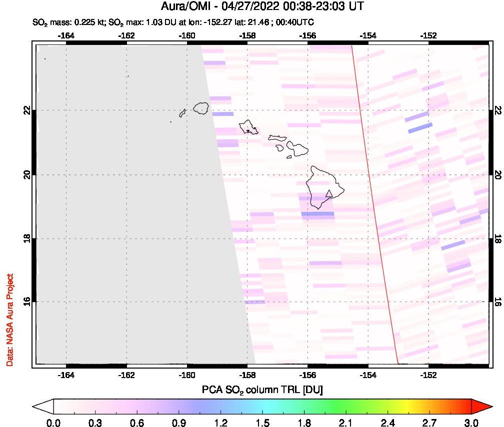 A sulfur dioxide image over Hawaii, USA on Apr 27, 2022.