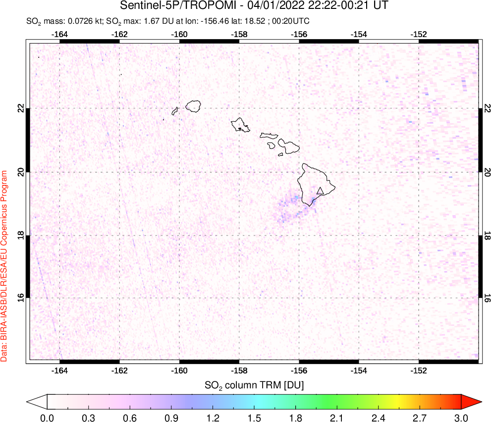 A sulfur dioxide image over Hawaii, USA on Apr 01, 2022.