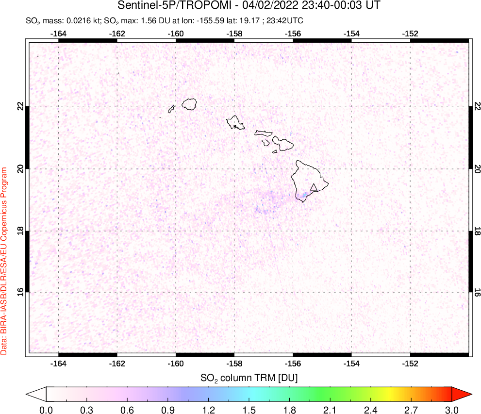 A sulfur dioxide image over Hawaii, USA on Apr 02, 2022.