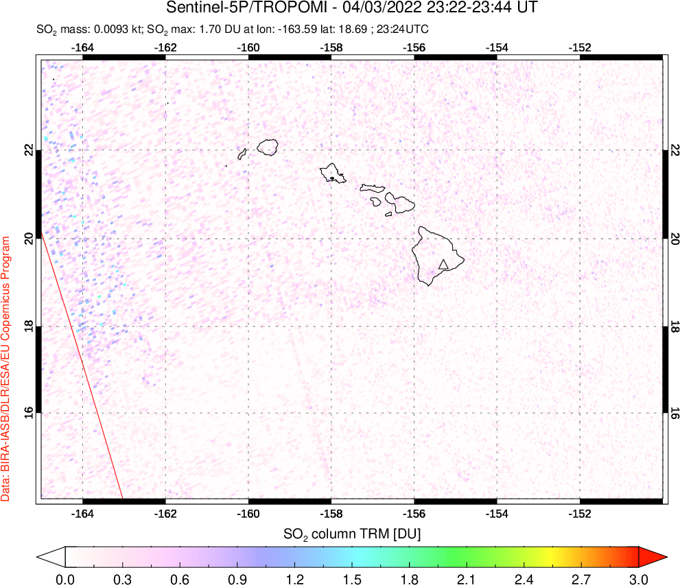A sulfur dioxide image over Hawaii, USA on Apr 03, 2022.