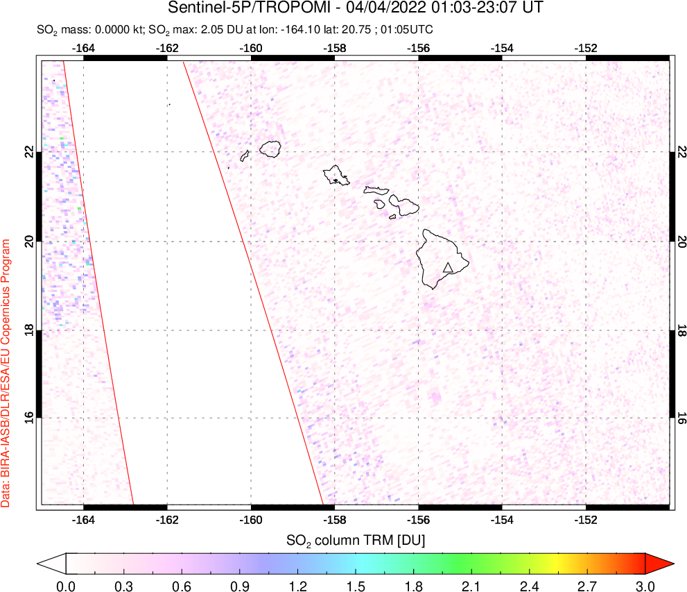 A sulfur dioxide image over Hawaii, USA on Apr 04, 2022.
