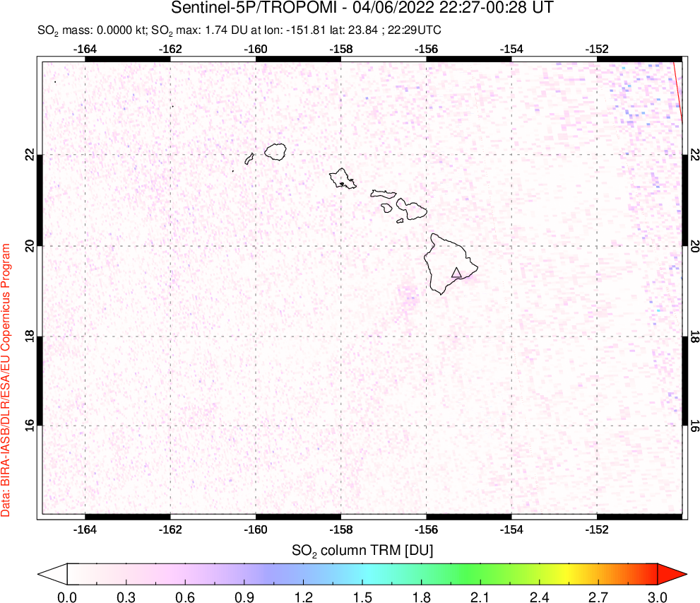 A sulfur dioxide image over Hawaii, USA on Apr 06, 2022.