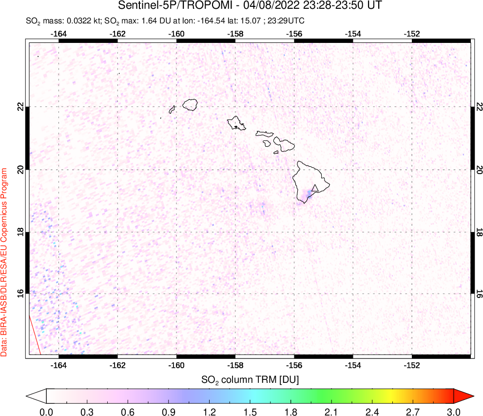 A sulfur dioxide image over Hawaii, USA on Apr 08, 2022.