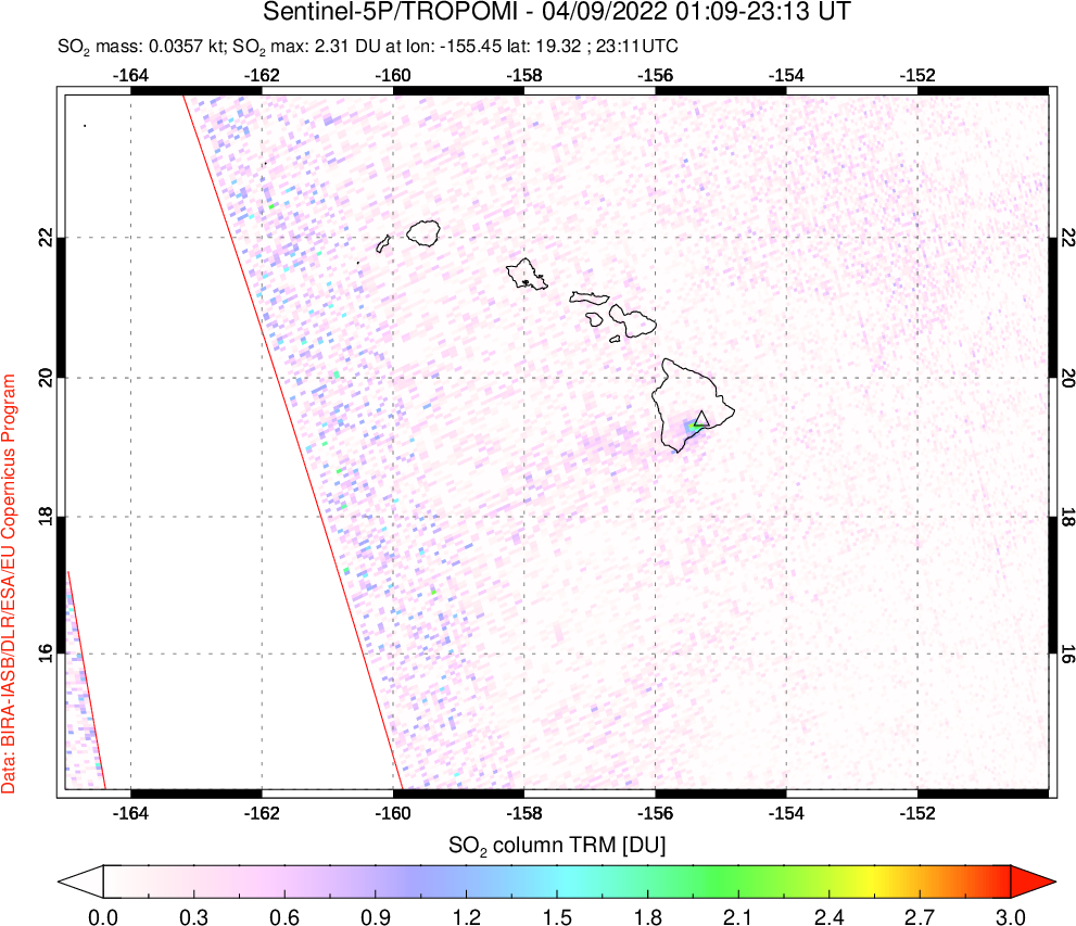 A sulfur dioxide image over Hawaii, USA on Apr 09, 2022.