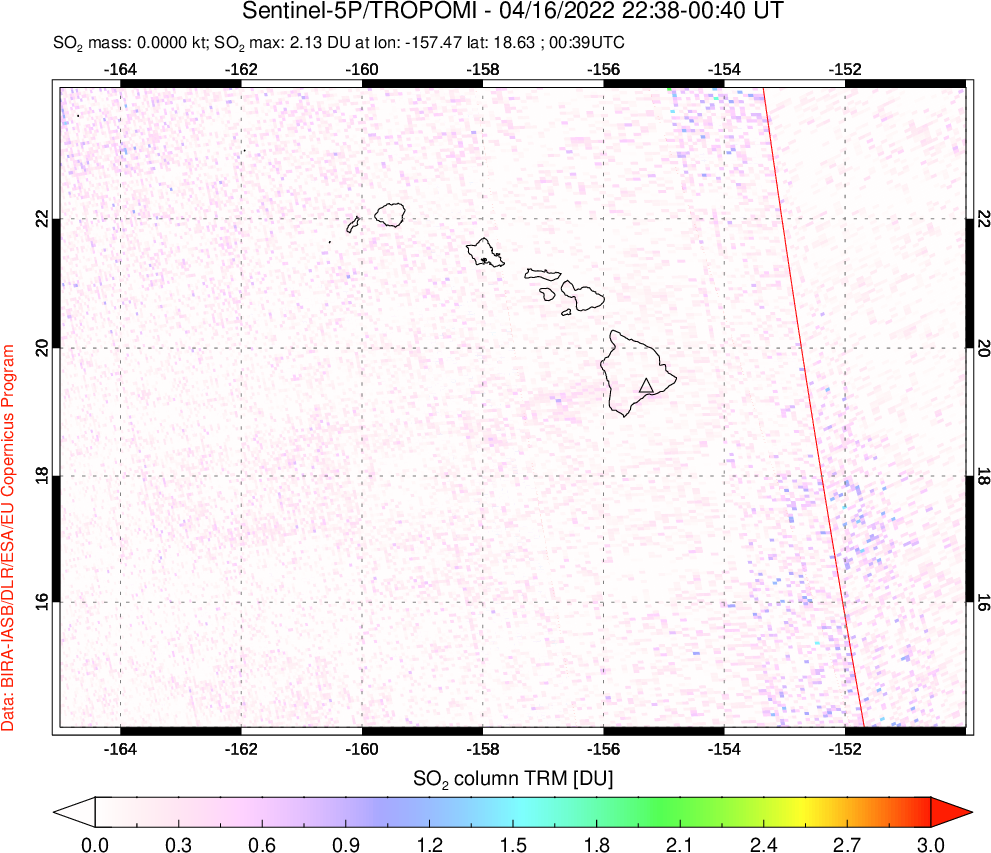 A sulfur dioxide image over Hawaii, USA on Apr 16, 2022.