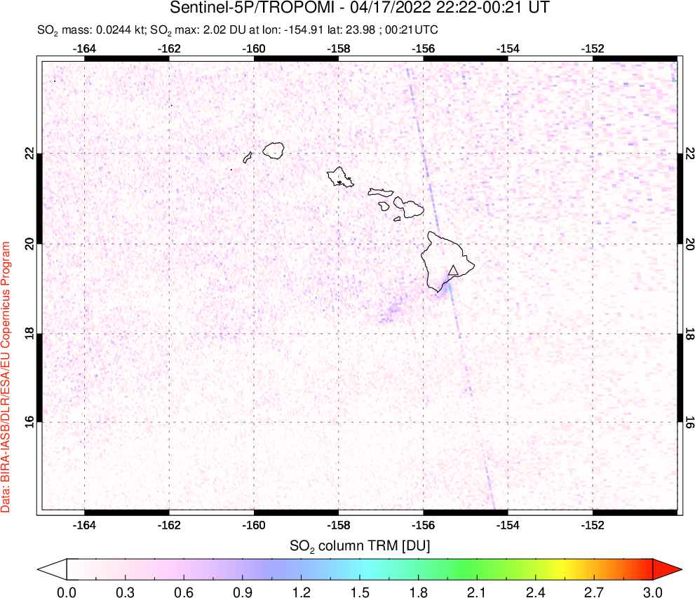 A sulfur dioxide image over Hawaii, USA on Apr 17, 2022.