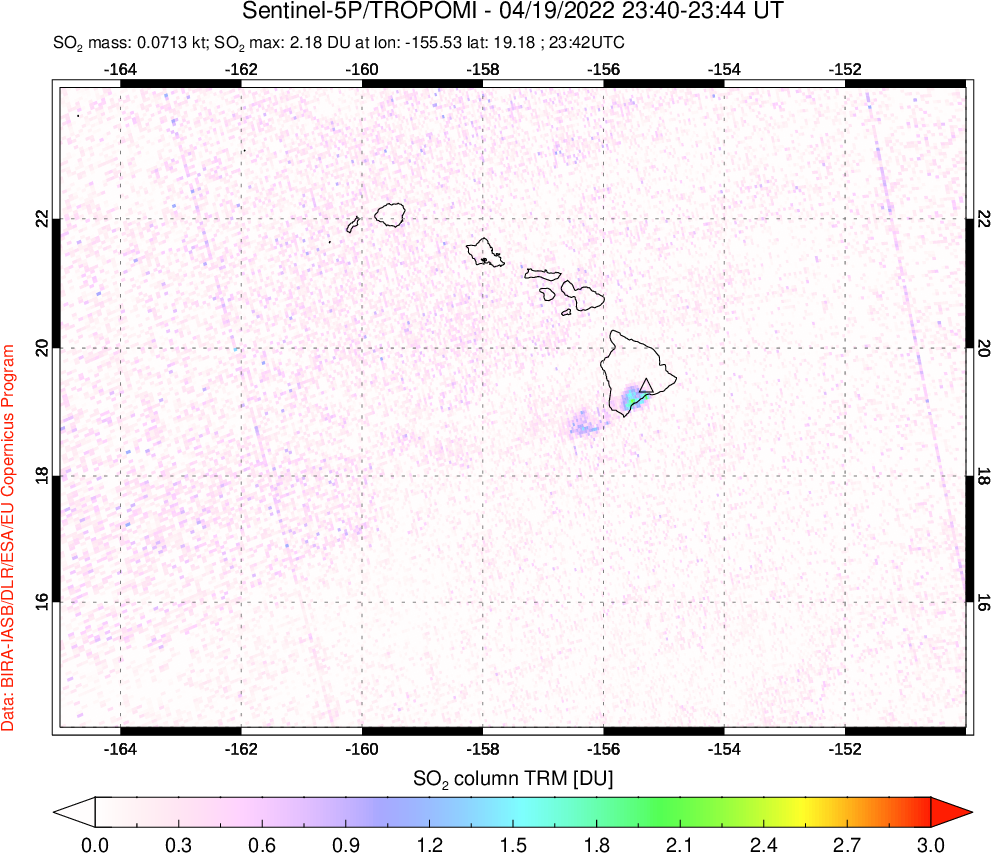 A sulfur dioxide image over Hawaii, USA on Apr 19, 2022.