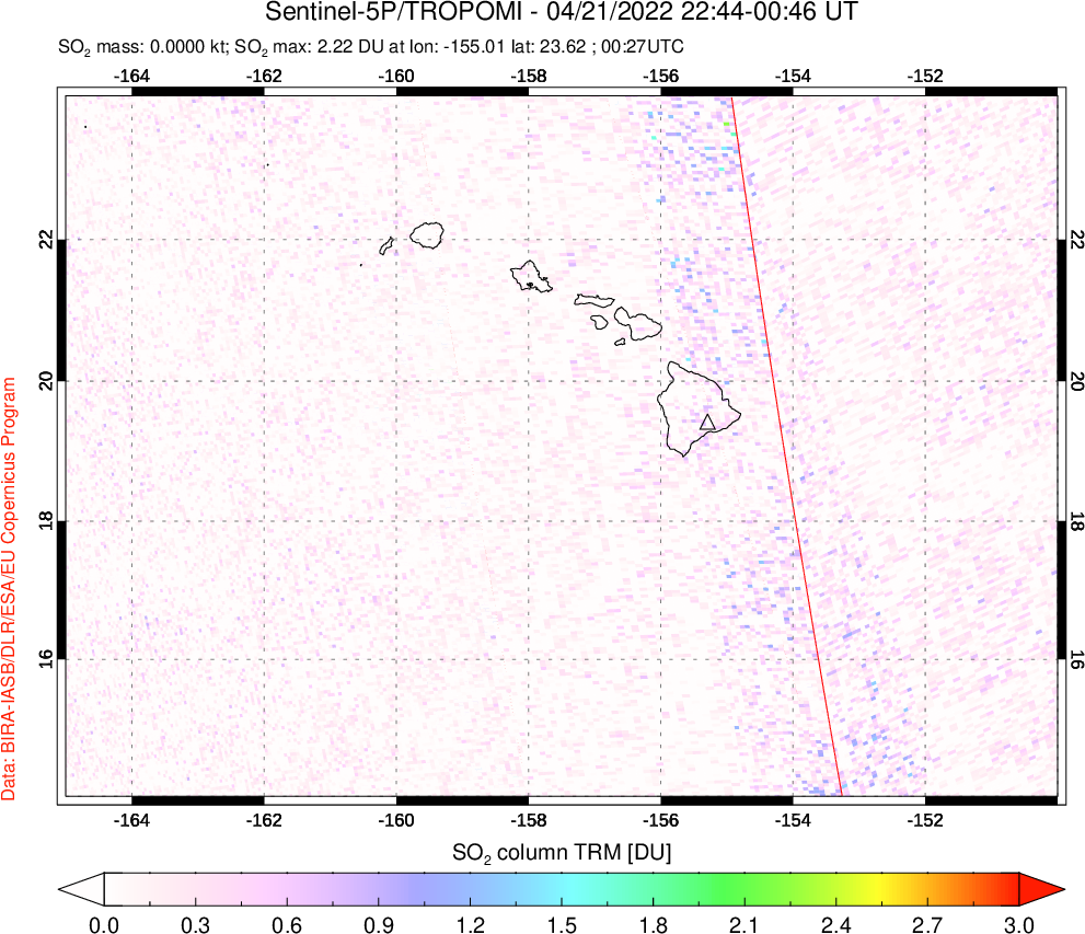 A sulfur dioxide image over Hawaii, USA on Apr 21, 2022.
