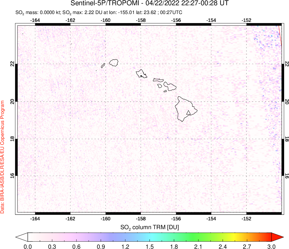A sulfur dioxide image over Hawaii, USA on Apr 22, 2022.
