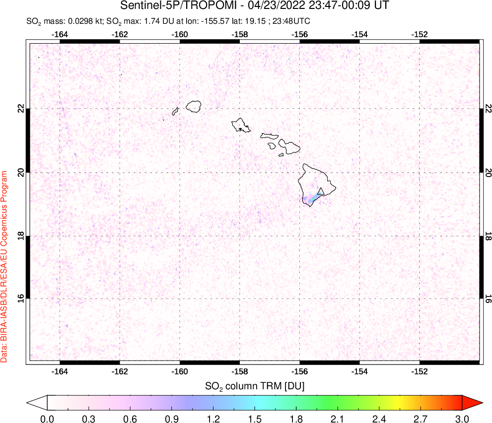 A sulfur dioxide image over Hawaii, USA on Apr 23, 2022.