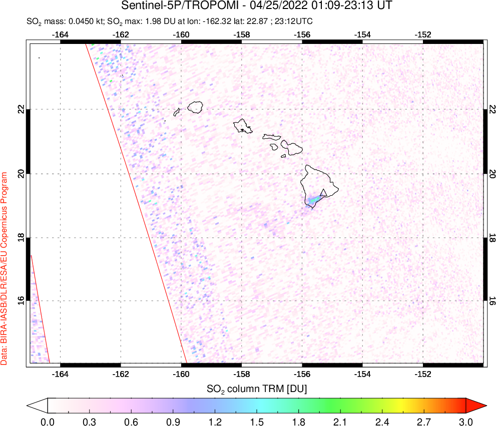 A sulfur dioxide image over Hawaii, USA on Apr 25, 2022.