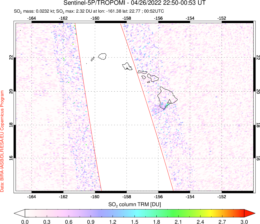 A sulfur dioxide image over Hawaii, USA on Apr 26, 2022.