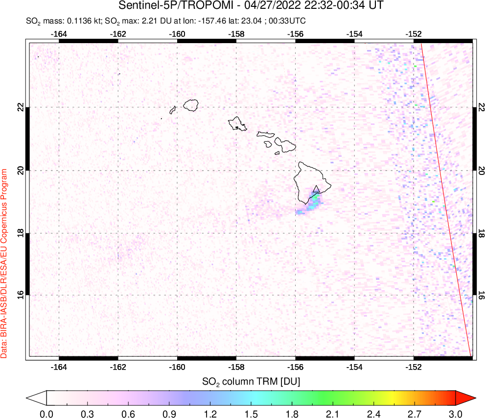 A sulfur dioxide image over Hawaii, USA on Apr 27, 2022.