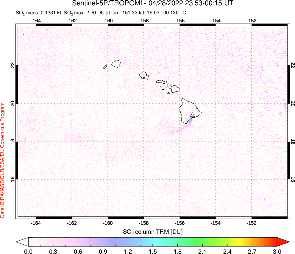 A sulfur dioxide image over Hawaii, USA on Apr 28, 2022.
