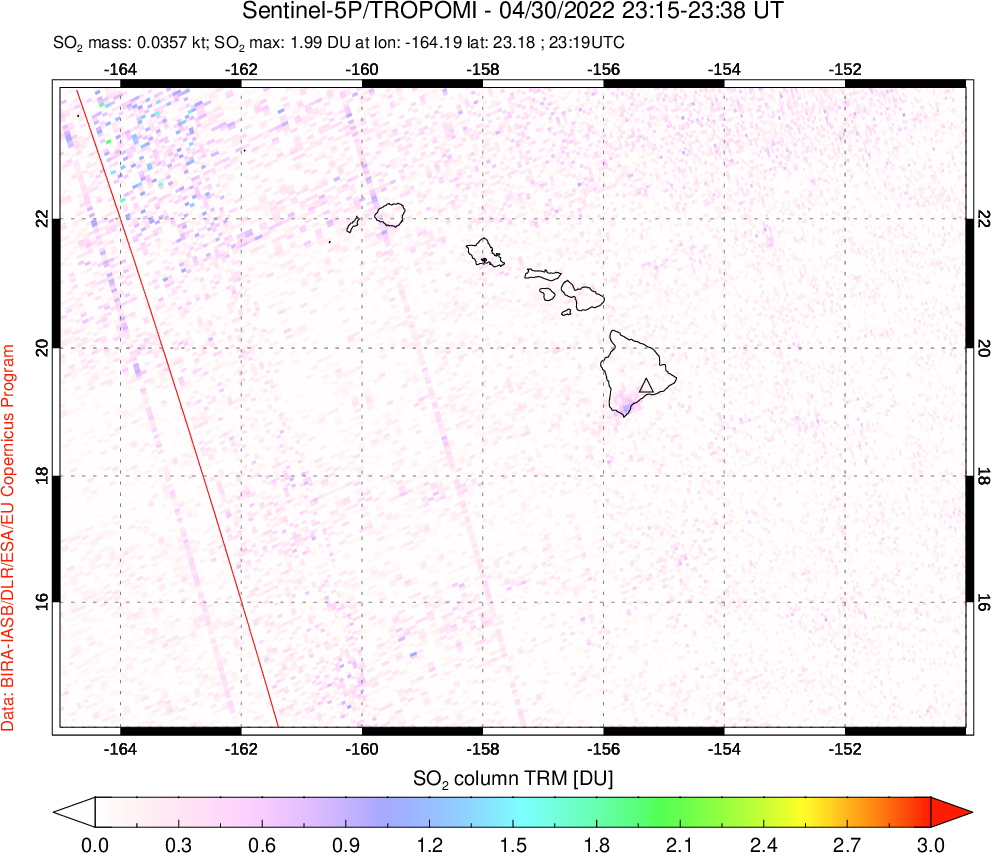 A sulfur dioxide image over Hawaii, USA on Apr 30, 2022.