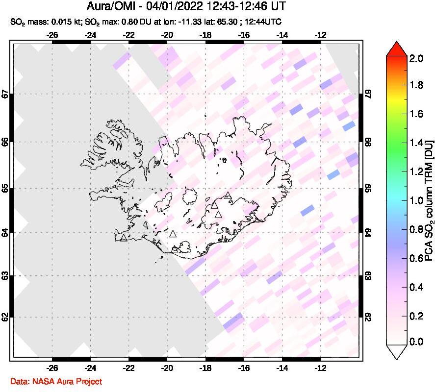 A sulfur dioxide image over Iceland on Apr 01, 2022.