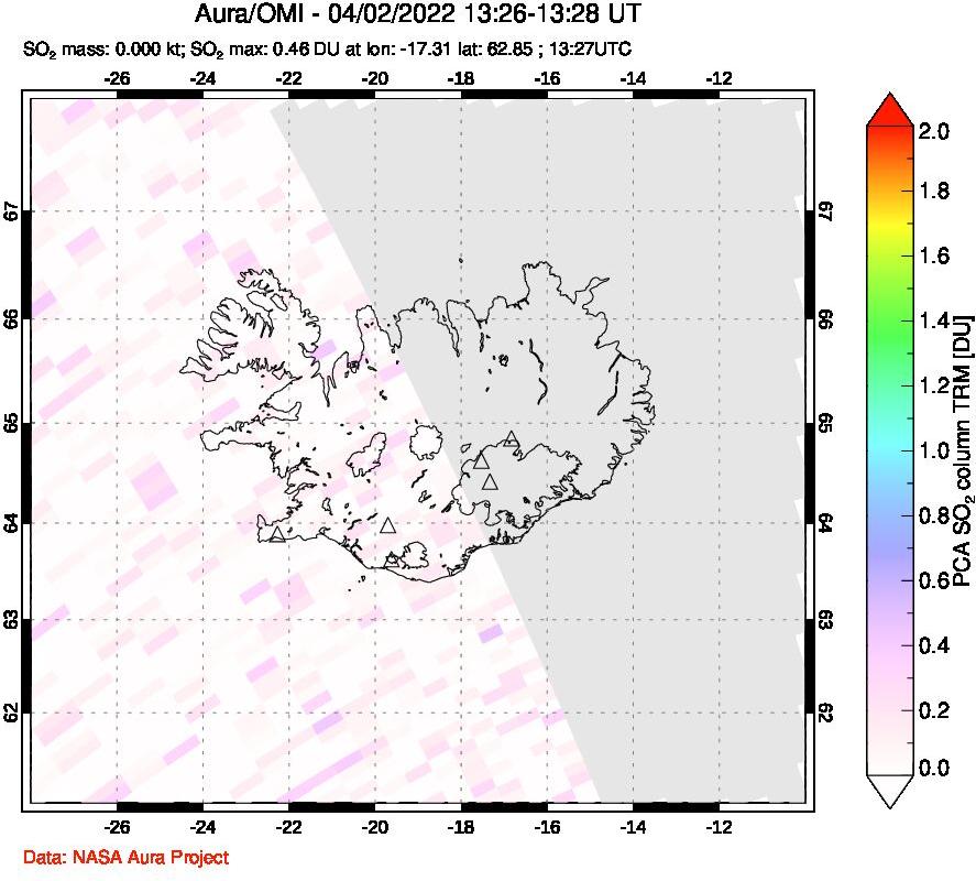 A sulfur dioxide image over Iceland on Apr 02, 2022.