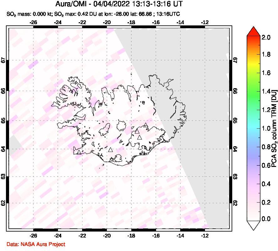 A sulfur dioxide image over Iceland on Apr 04, 2022.