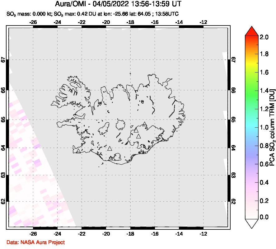A sulfur dioxide image over Iceland on Apr 05, 2022.
