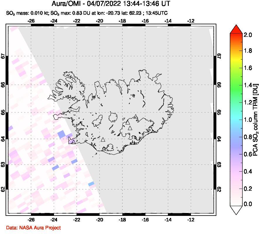 A sulfur dioxide image over Iceland on Apr 07, 2022.