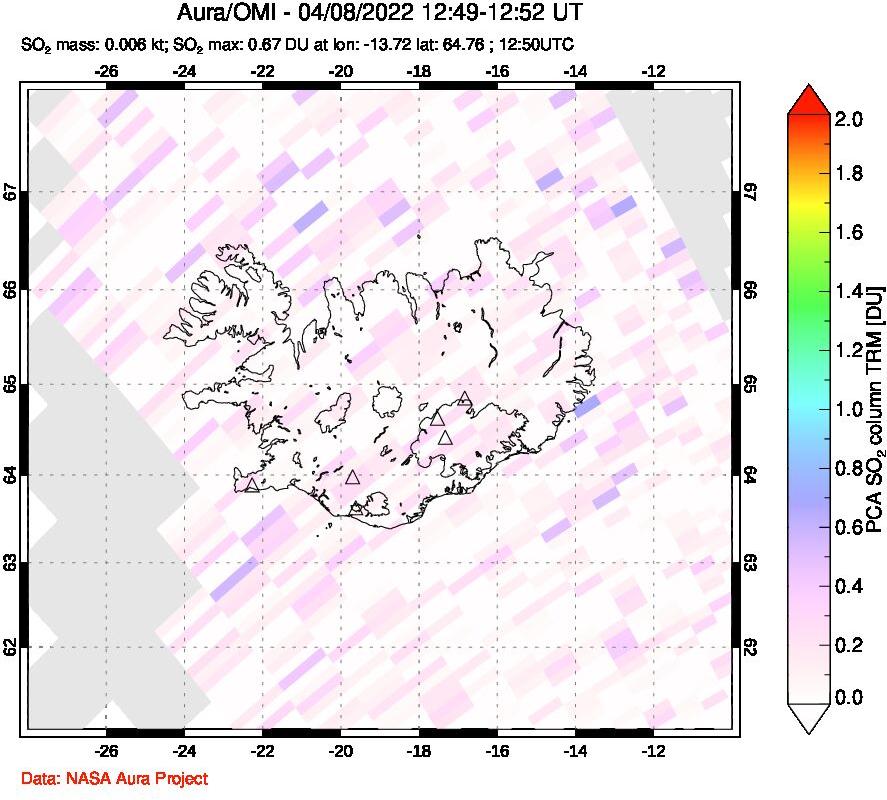 A sulfur dioxide image over Iceland on Apr 08, 2022.