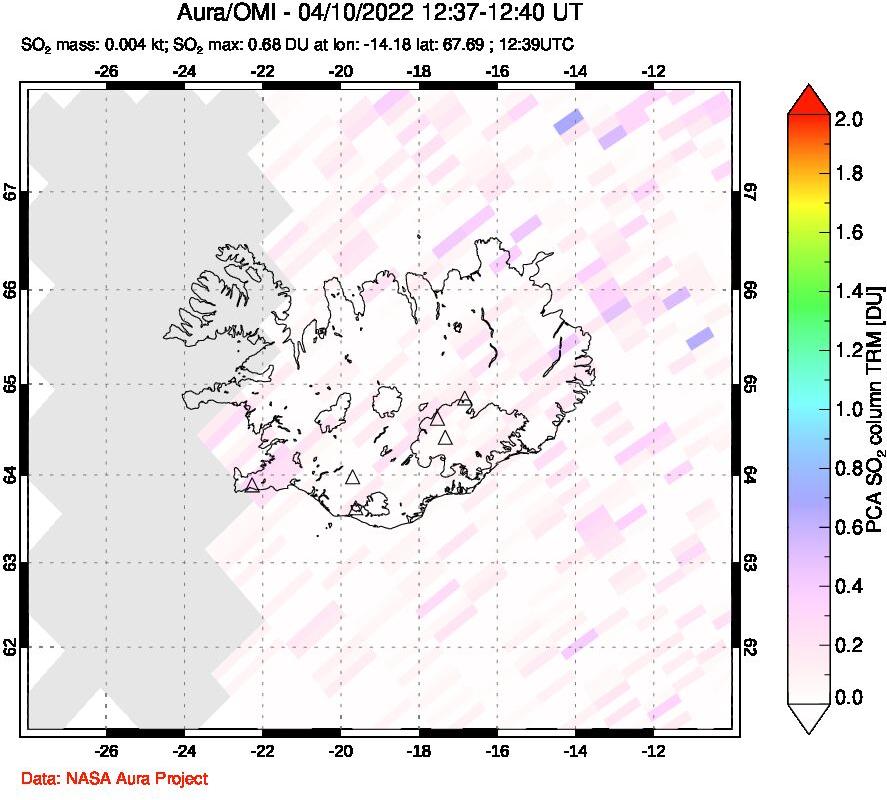 A sulfur dioxide image over Iceland on Apr 10, 2022.