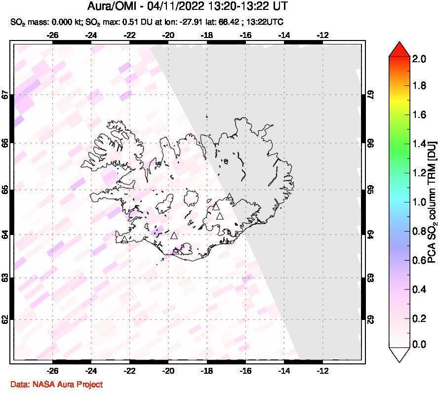 A sulfur dioxide image over Iceland on Apr 11, 2022.