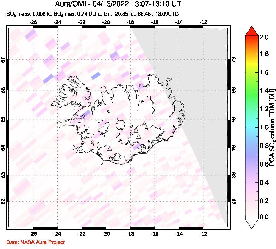 A sulfur dioxide image over Iceland on Apr 13, 2022.