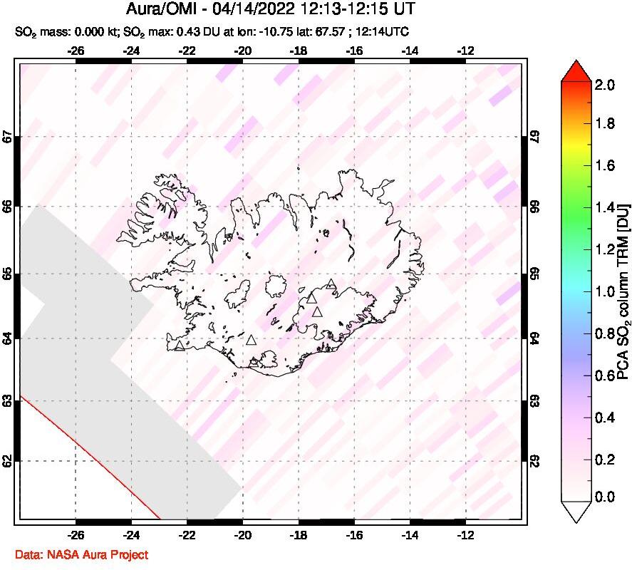 A sulfur dioxide image over Iceland on Apr 14, 2022.