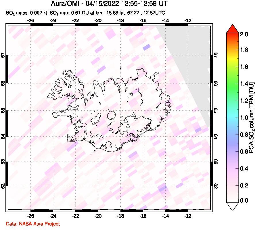 A sulfur dioxide image over Iceland on Apr 15, 2022.