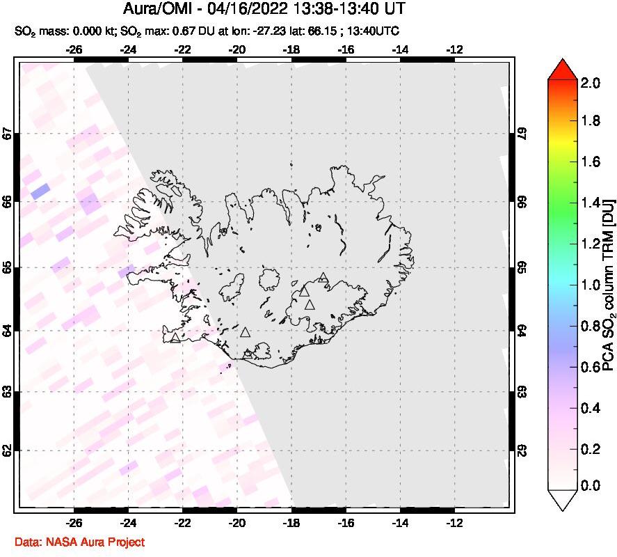 A sulfur dioxide image over Iceland on Apr 16, 2022.