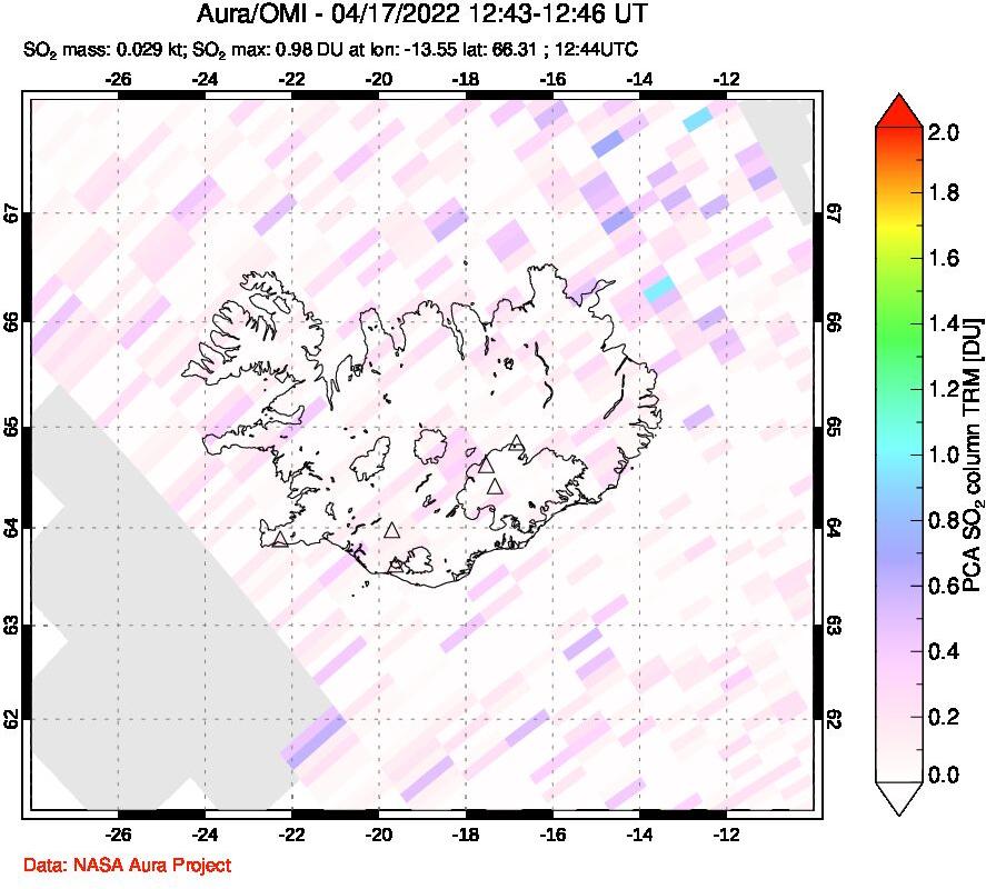 A sulfur dioxide image over Iceland on Apr 17, 2022.